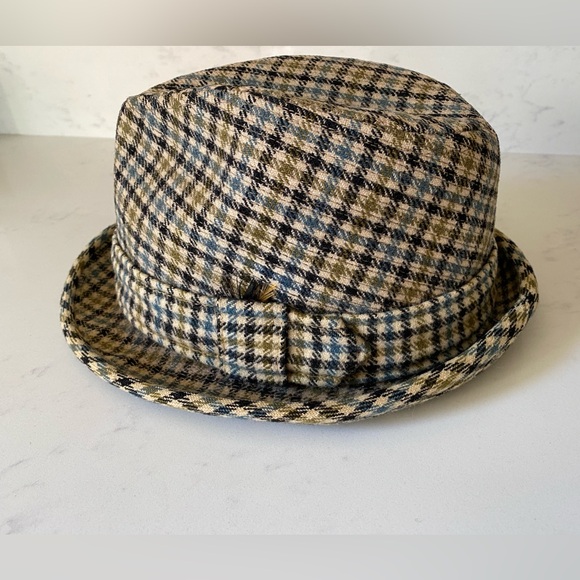 Vintage Snap-Back Crushable Wool Plaid Brown Blue Houndstooth Fedora Hat 7 1/8 - Picture 4 of 10